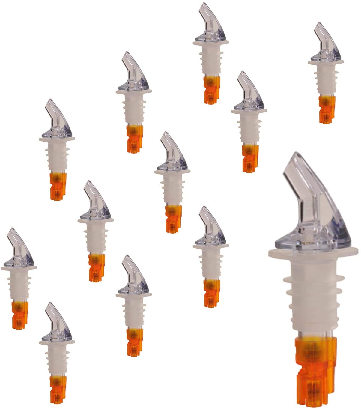 Measured Liquor Pourers in Various Pour Sizes and Specific Tail Colors With or Without Black Collar, Barware (12 Pieces)