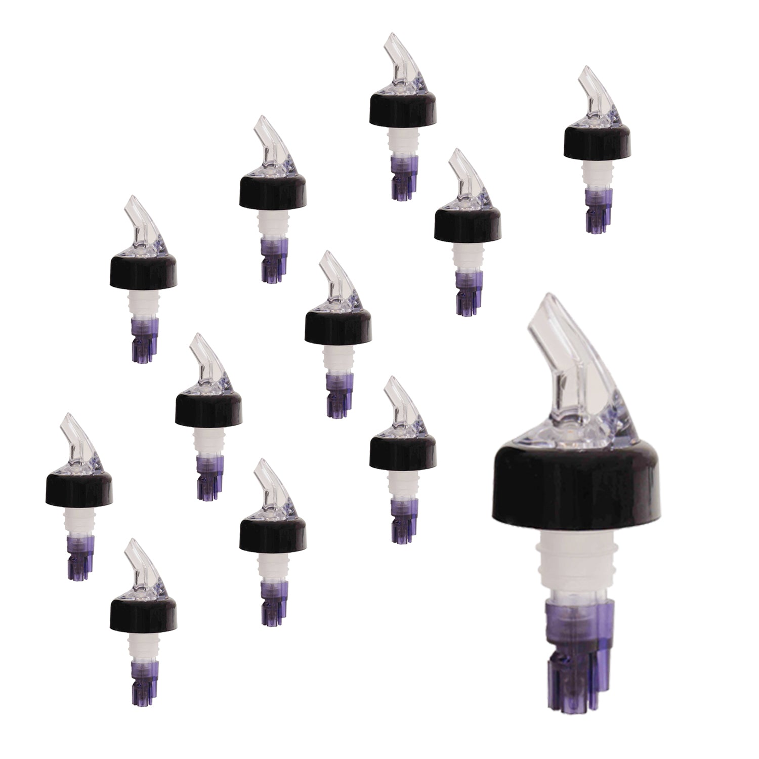 Measured Liquor Pourers in Various Pour Sizes and Specific Tail Colors With or Without Black Collar, Barware (12 Pieces)