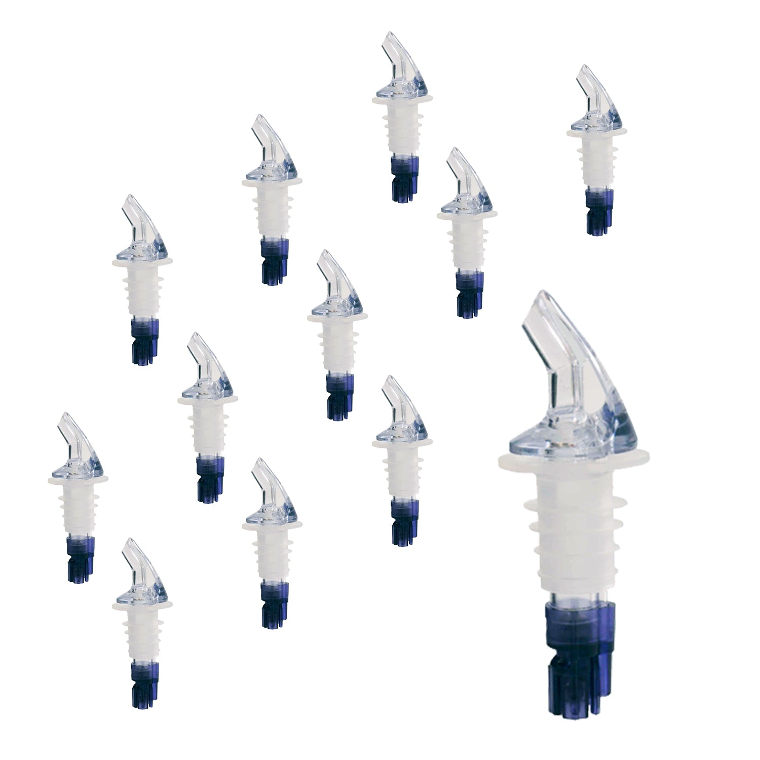 Measured Liquor Pourers in Various Pour Sizes and Specific Tail Colors With or Without Black Collar, Barware (12 Pieces)