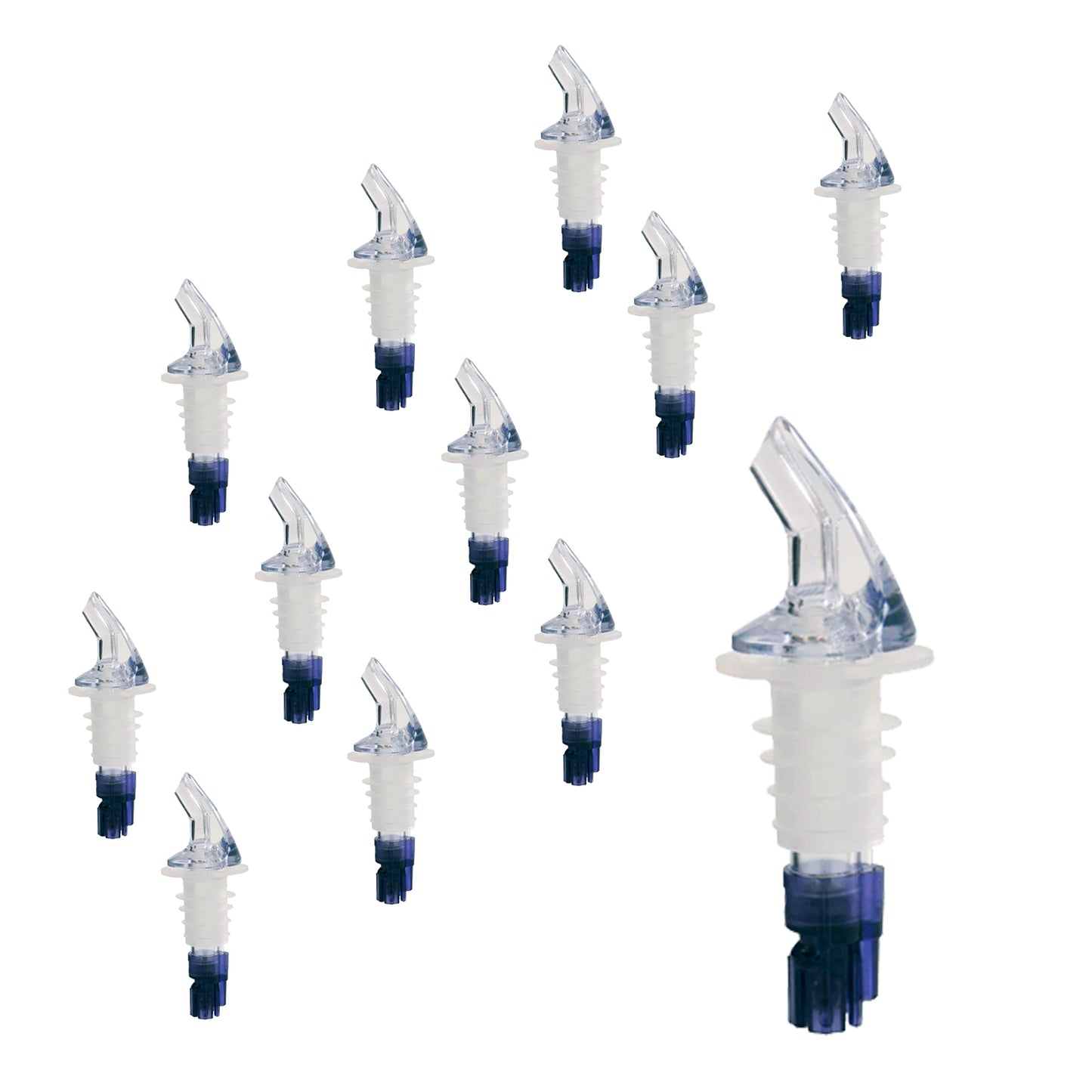 Measured Liquor Pourers in Various Pour Sizes and Specific Tail Colors With or Without Black Collar, Barware (12 Pieces)