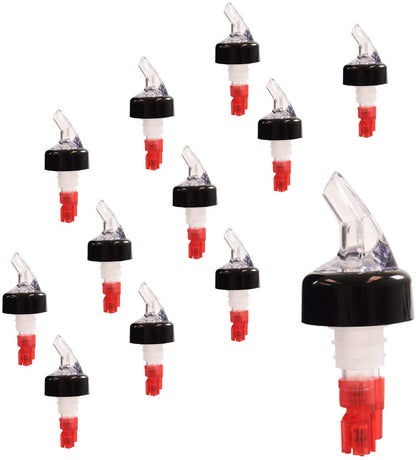 Measured Liquor Pourers in Various Pour Sizes and Specific Tail Colors With or Without Black Collar, Barware (12 Pieces)