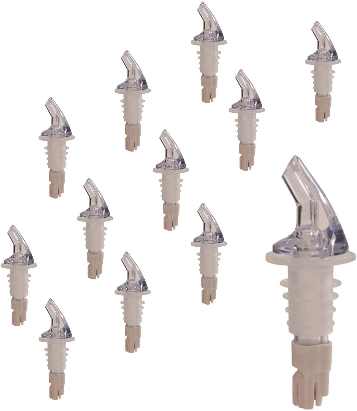 Measured Liquor Pourers in Various Pour Sizes and Specific Tail Colors With or Without Black Collar, Barware (12 Pieces)