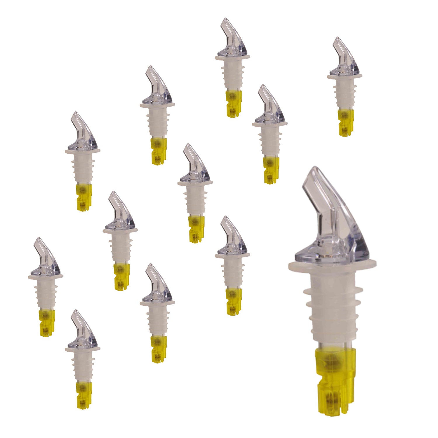 Measured Liquor Pourers in Various Pour Sizes and Specific Tail Colors With or Without Black Collar, Barware (12 Pieces)