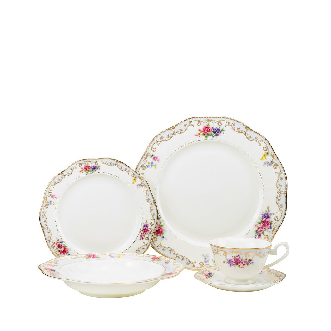 Royalty Porcelain Ruby Rose 20-pc White and Gold Floral Set for 4, Bone China