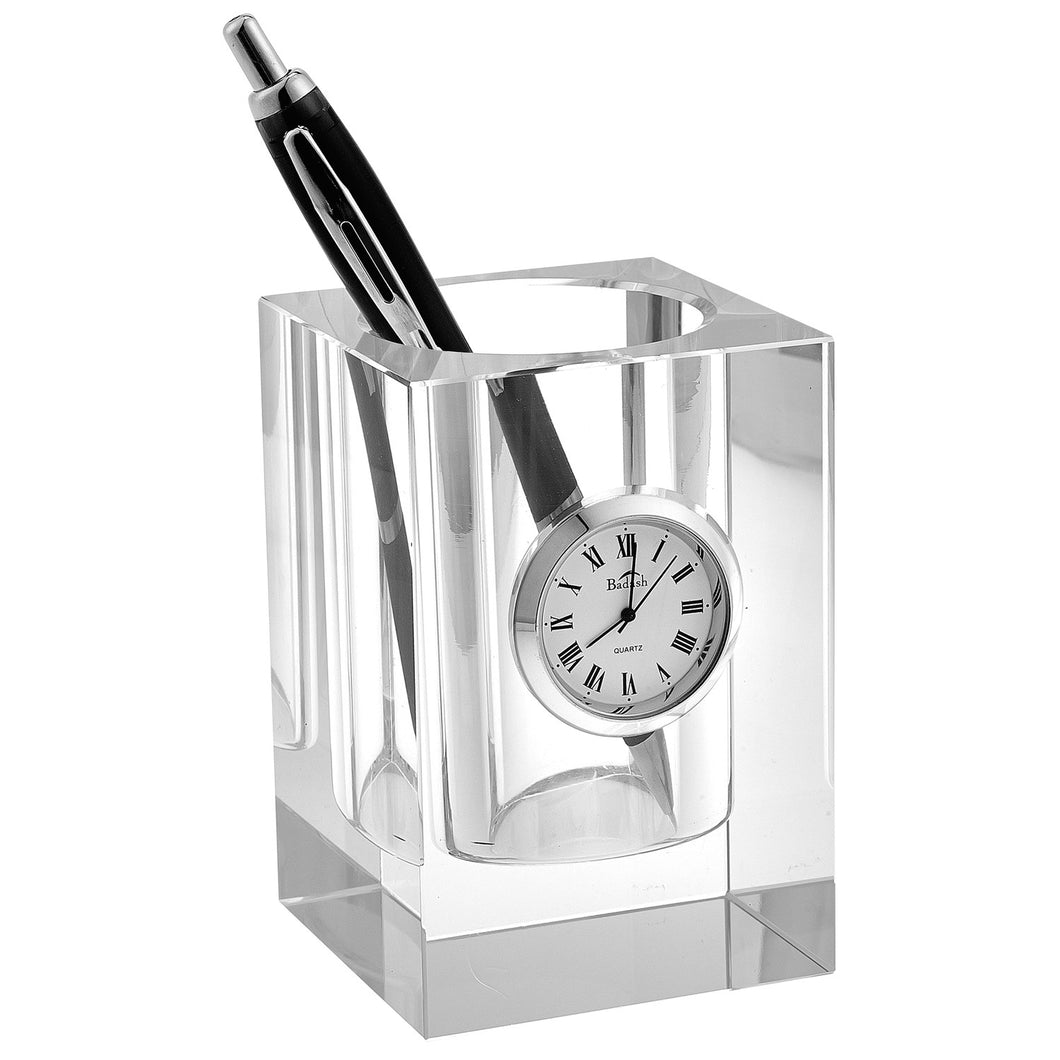 (D) Handcrafted Crystal Pencil Holder with Vintage Luxury Clock