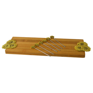 (D) Bamboo Cheese Board, Wooden Board with Gold Picks 7-pc 'Sunflowers'