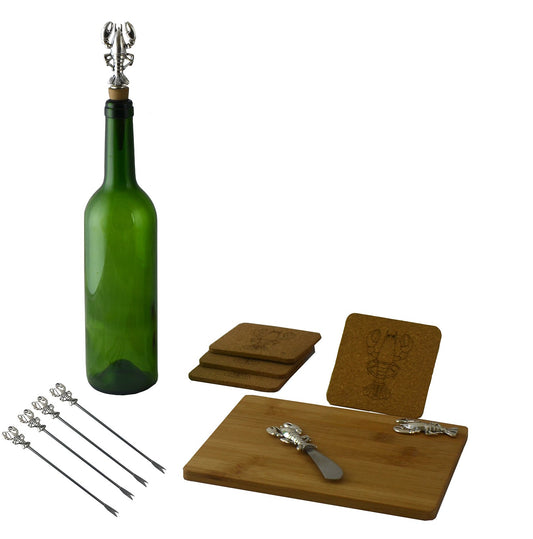 (D) Wooden Cheese Board with Silver Picks, Stopper, Knife, Coasters 'Lobster'