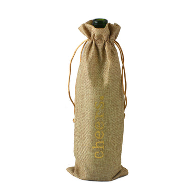(D) Wine Bottle Stopper with Burlap Bag for Vintage Wedding (Brown Cheers)