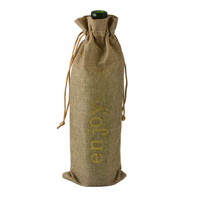 (D) Wine Bottle Stopper with Burlap Bag for Vintage Wedding (Brown Enjoy)
