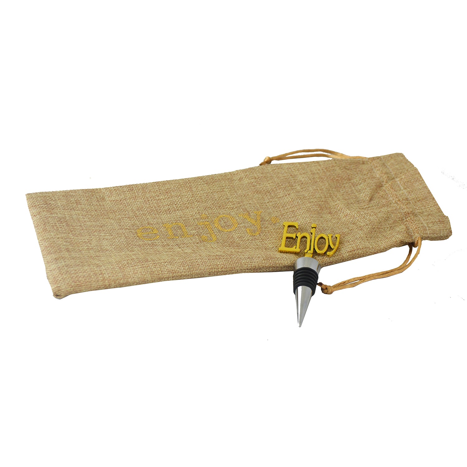 (D) Wine Bottle Stopper with Burlap Bag for Vintage Wedding (Brown Enjoy)