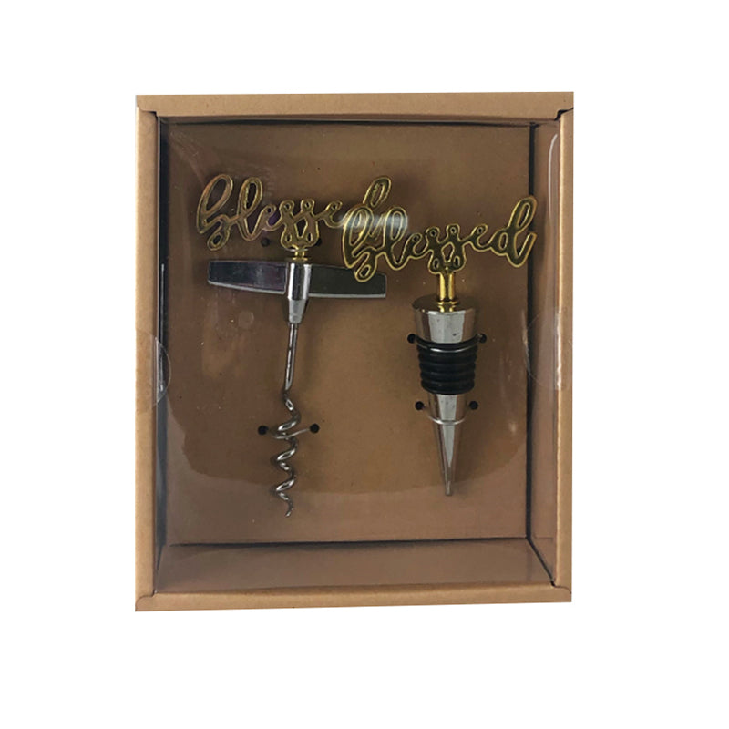 (D) Wine Stopper an Opener 2 Pc Set Corkscrew Gold (Blessed)