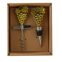 (D) Wine Stopper an Opener 2 Pc Set Corkscrew Gold (Grapes)