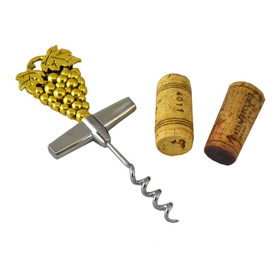 (D) Wine Stopper an Opener 2 Pc Set Corkscrew Gold (Grapes)