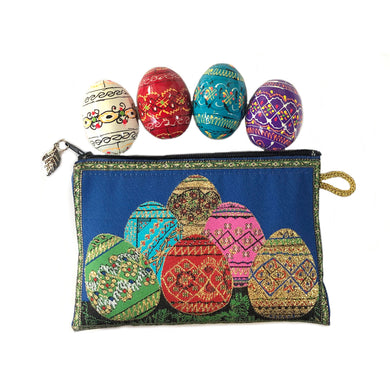 (D) Religious Gift Easter Tapestry Pouch with 4 Wooden Hand Made Eggs Pysanky
