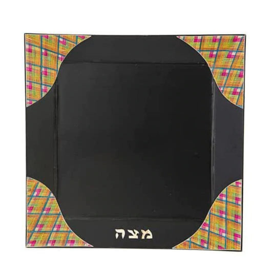 (D) Judaica Wood Metzah Plate with Blue Red Straws 10.5 x 10.5 (Black)