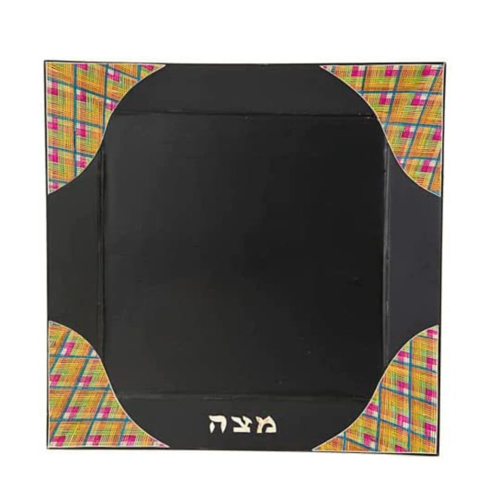 (D) Judaica Wood Metzah Plate with Blue Red Straws 10.5 x 10.5 (Black)
