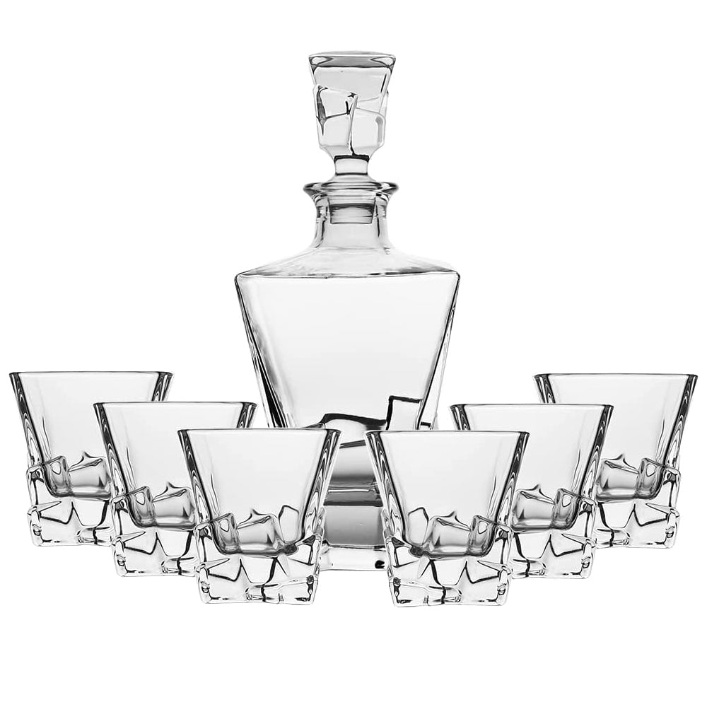 (D) Cube Design Crystal Decanter Set with Six Cups For Cognac 9.63 Oz