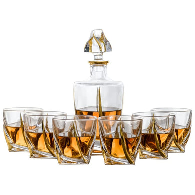 (D) Judaica Abstract Design Crystal Decanter Set of 6 Glasses For Cognac 27 Oz (Gold)