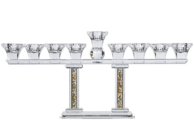 (D) Judaica Crystal Menorah on 2 Pillars with Gold Silver Stones, Candle Holder