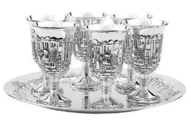 (D) Judaica Liquor Cups Set of 6 With Tray Silver Plated Jerusalem