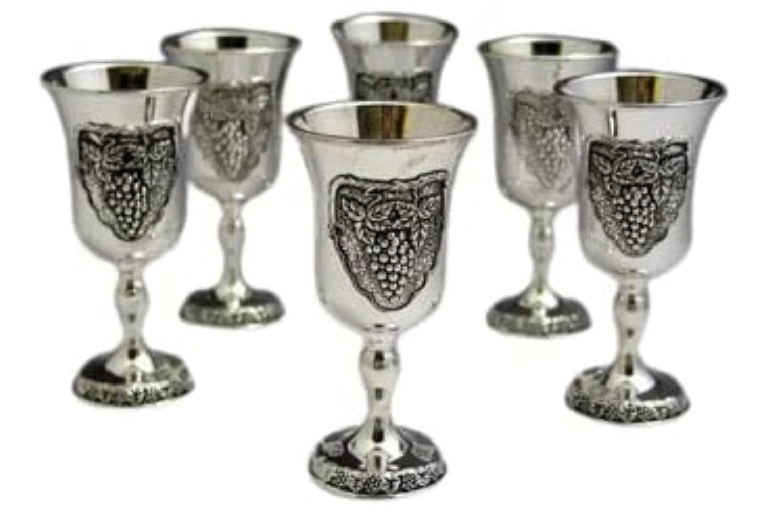 (D) Judaica Liquor Cups Set of 6 Silver Plated with Embossed Grape 3 1/4" H