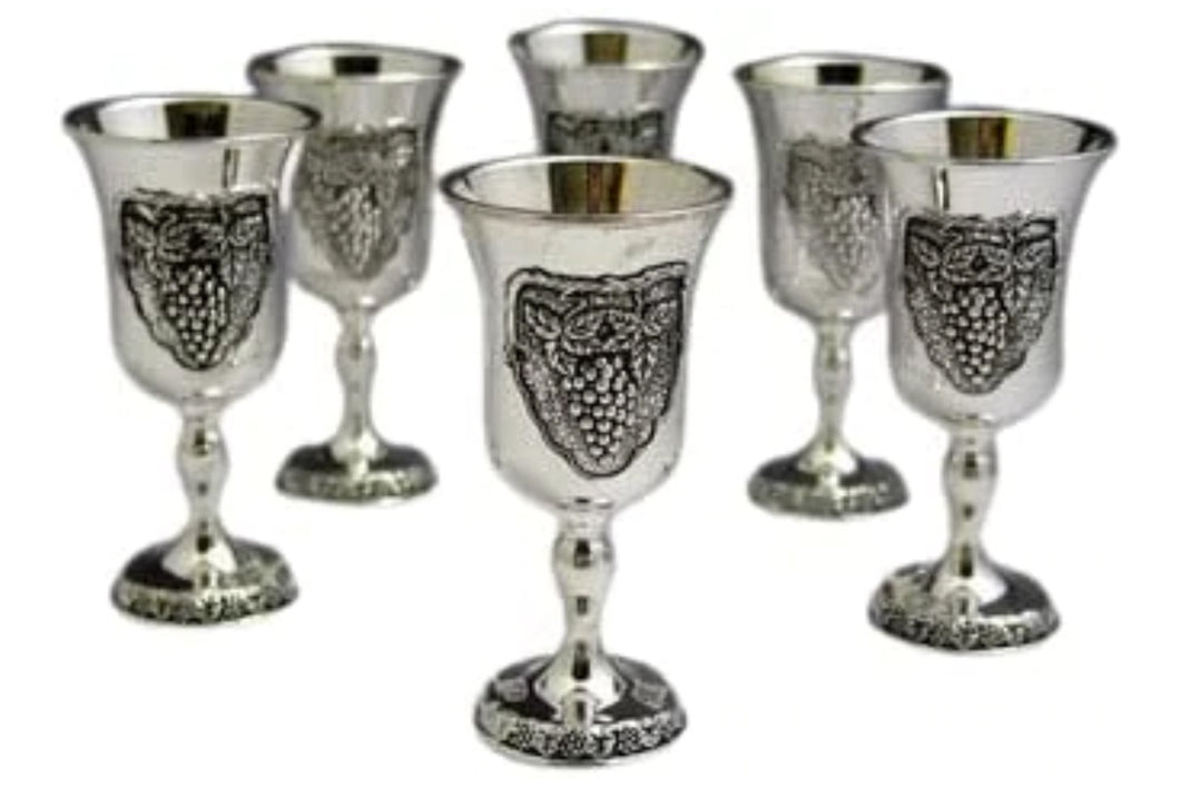 (D) Judaica Liquor Cups Set of 6 Silver Plated with Embossed Grape 3 1/4