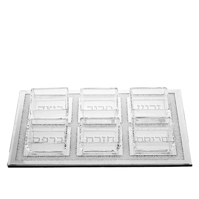 (D) Judaica Glass Seder Plate With Glass Cup Transparent and Silver