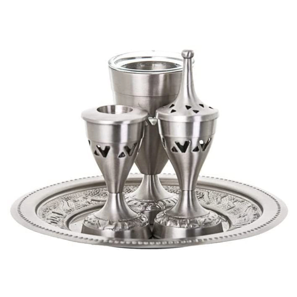 (D) Judaica Pewter Havdalah Set with Glass Insert Cups, Candle Holder with Plate