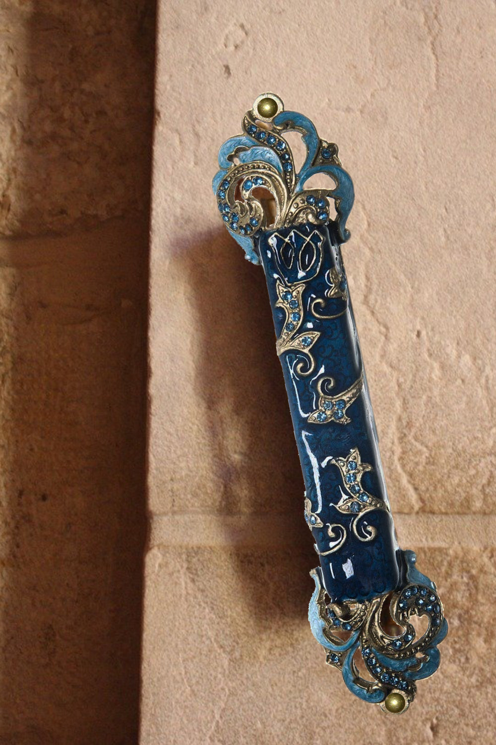 (D) Judaica Blue Mezuzah Case with Stones