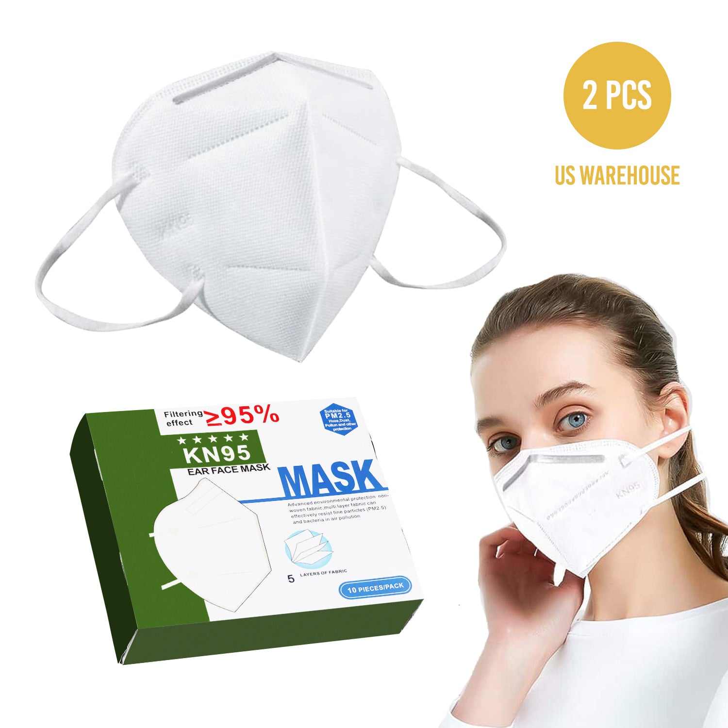 Reusable KN95 Face Masks, Filtered Protection Facial Mask White - 2 PC