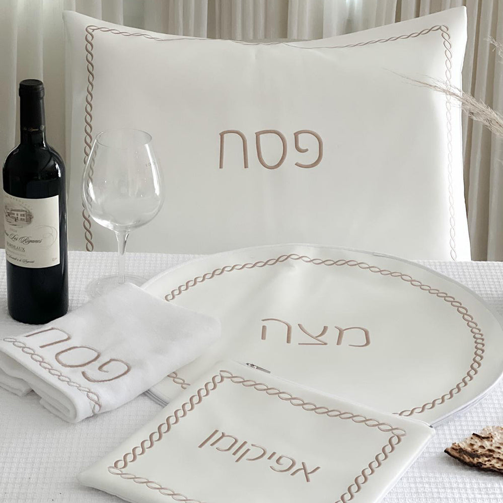 (D) Judaica White Seder Set Braided Design with Towel Pesach Set 4 Pc