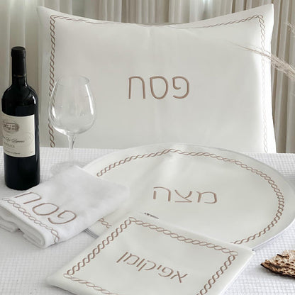(D) Judaica White Seder Set Braided Design with Towel Pesach Set 4 Pc (Silver)