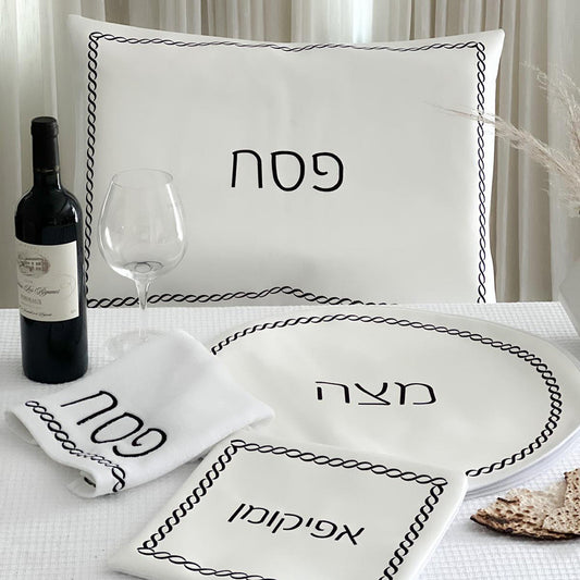(D) Judaica White Seder Set Braided Design with Towel Pesach Set 4 Pc (Black)