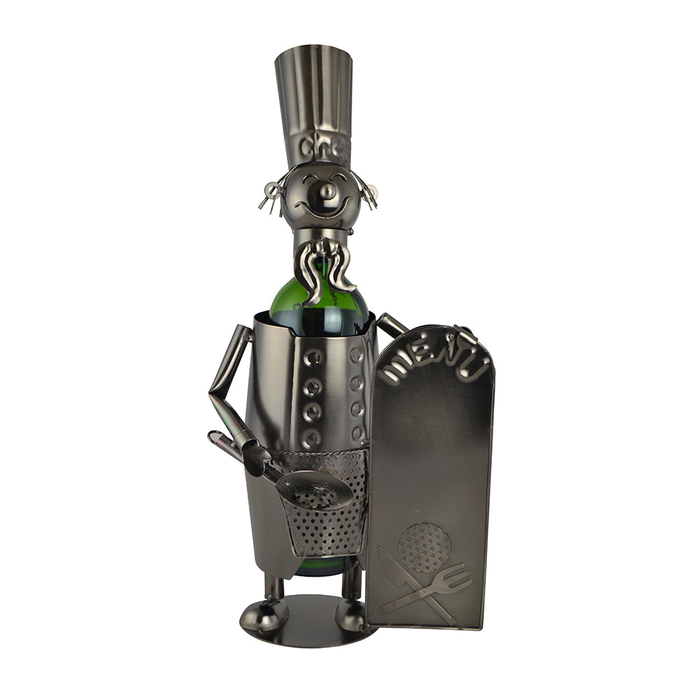 (D) Wine Bottle Holder, Chef Holding Menu Silver Bar Decor or Wine Cellar Decor