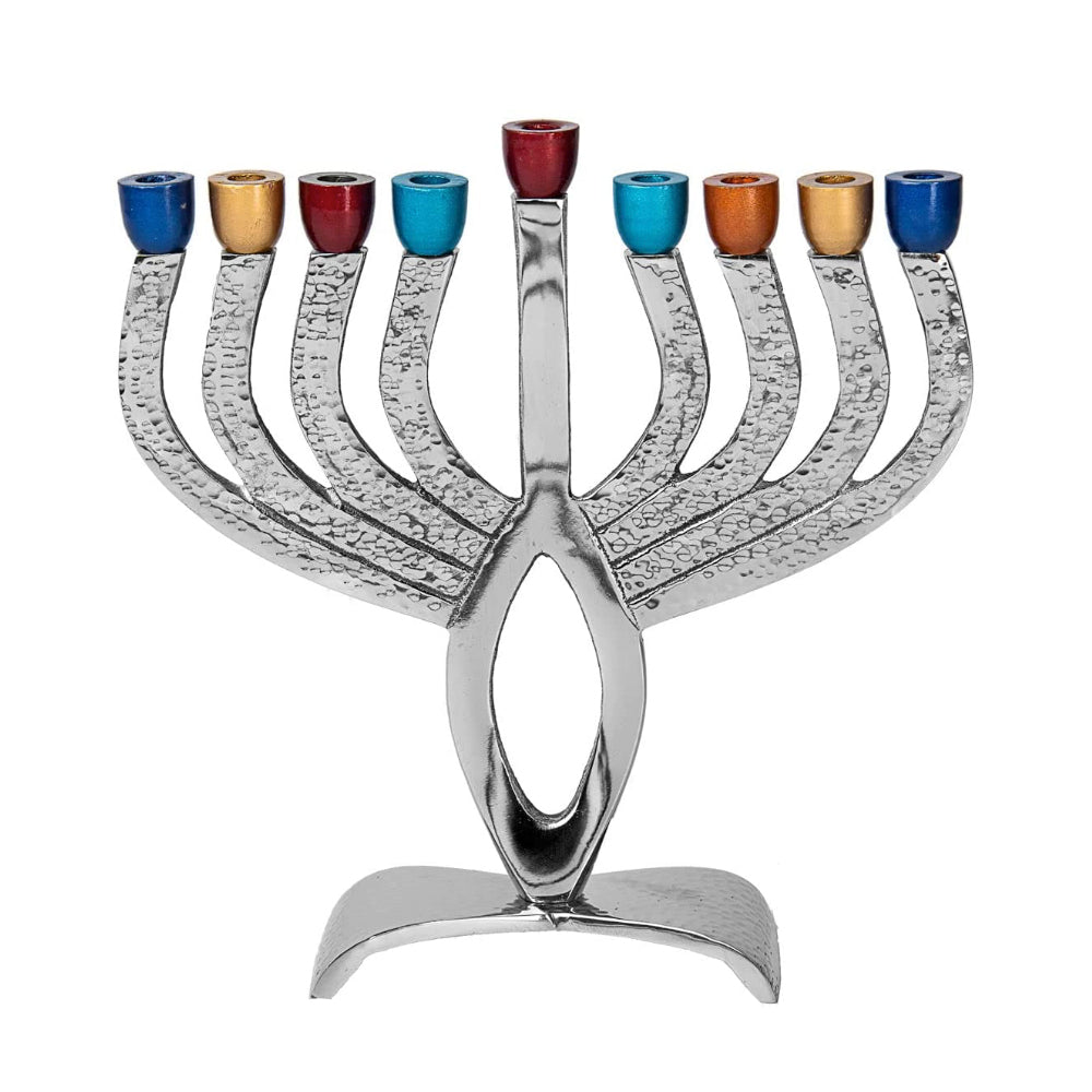 Nickel-plated menorah with nine vibrant colored cups displayed upright against a neutral background, 9 inches tall