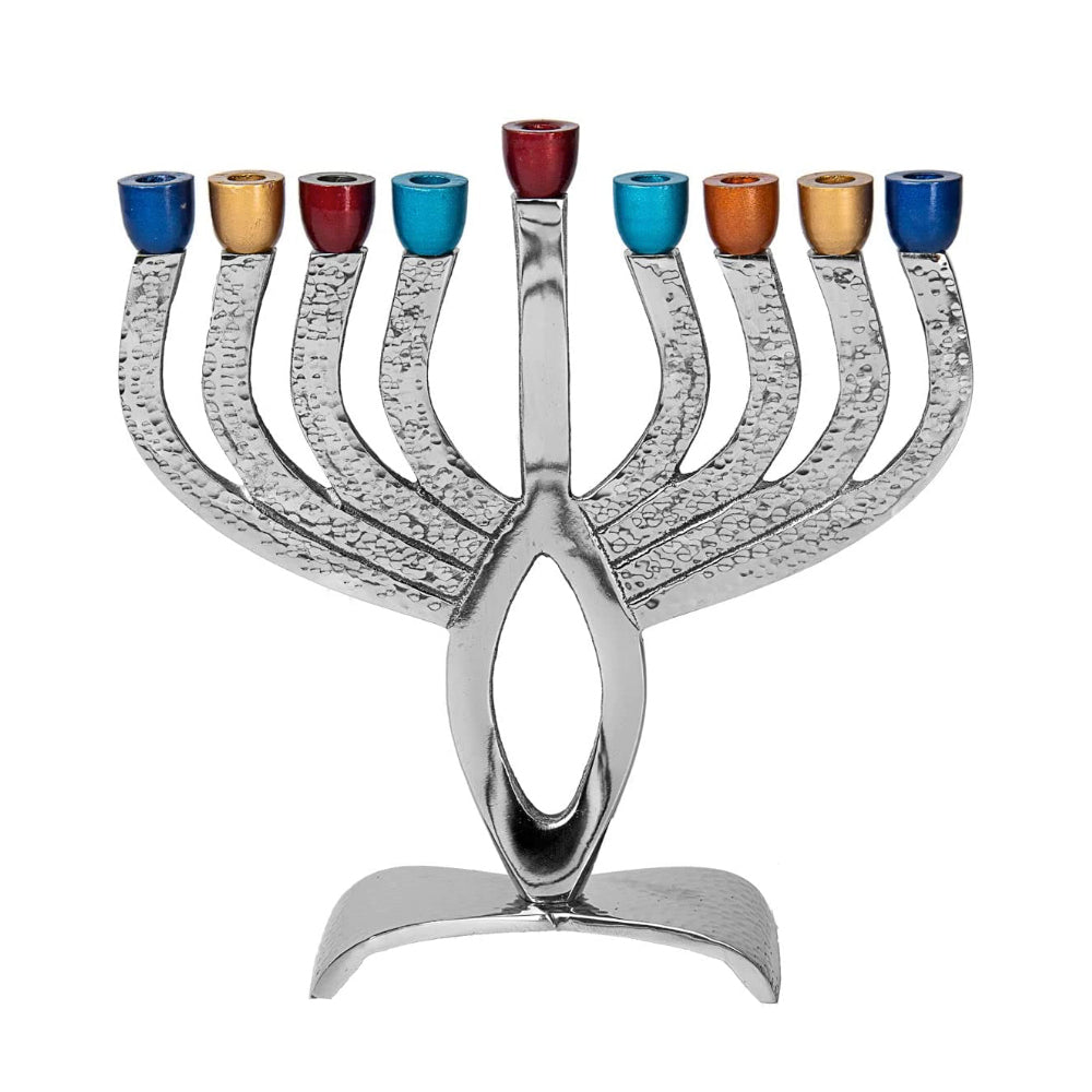 (D) Judaica Nicjelplated Menorah with Colored Cup Hanukah Decor 9''