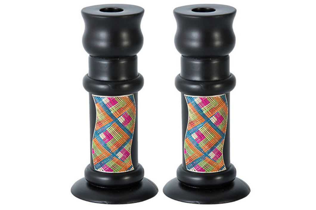 (D) Judaica Wood Candle Sticks with Straw Pattern 6 1/4 H Home Decor (Black )