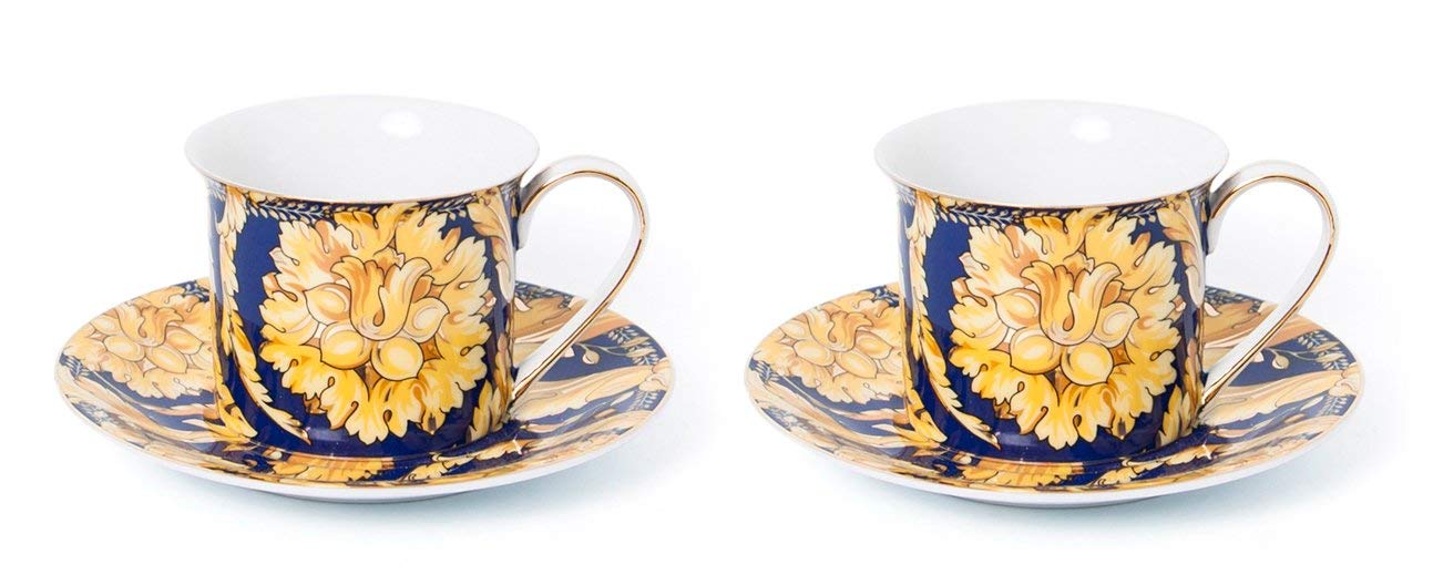 Royalty Porcelain Luxury Tea or Coffee Cup Set, 24K Gold (12 PC, Floral Blue)