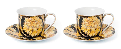 Royalty Porcelain Luxury Tea or Coffee Cup Set, 24K Gold (12 PC, Floral Black)