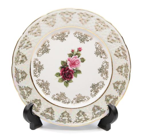 Royalty Porcelain Set of 6 "Vintage Floral Rose" Dessert Plates, 24K Gold