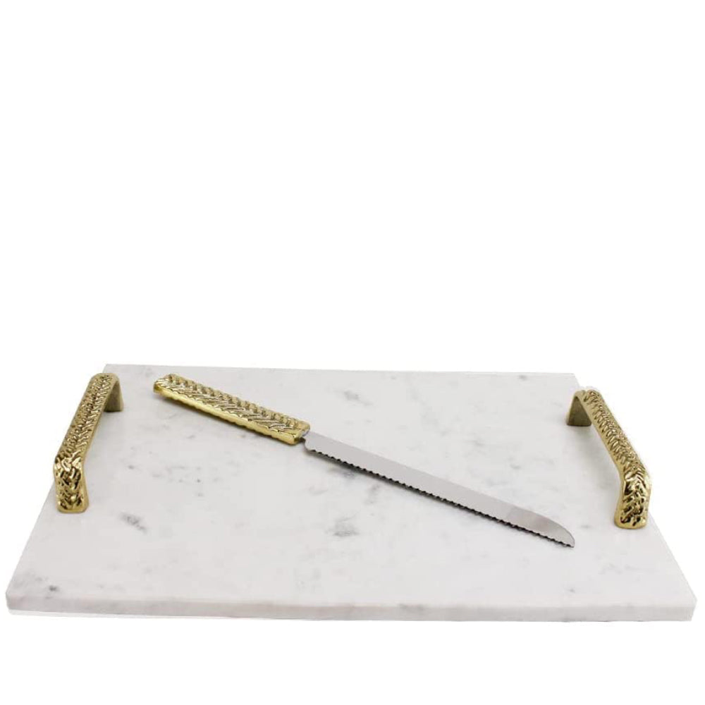 (D) Judaica Marbel Challah Board with Braided Gold Handels and Cutter White