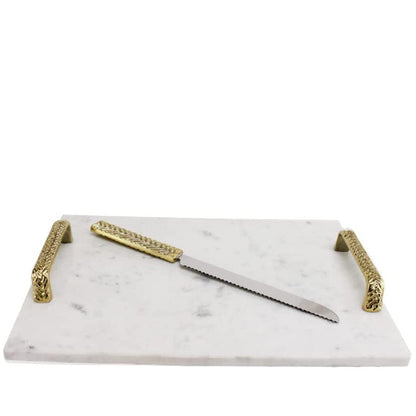 (D) Judaica Marbel Challah Board with Braided Gold Handels and Cutter White