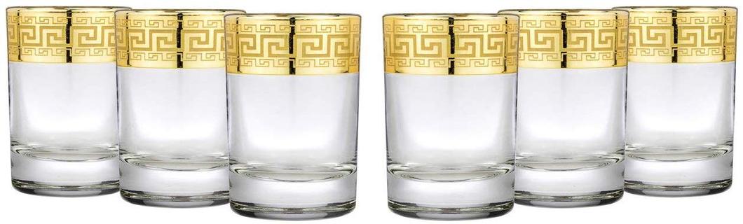 Gold Rimmed Shot Glasses Greek Key Set 6-pc, Shot Glasses 2.5 Oz (Antique Greek)
