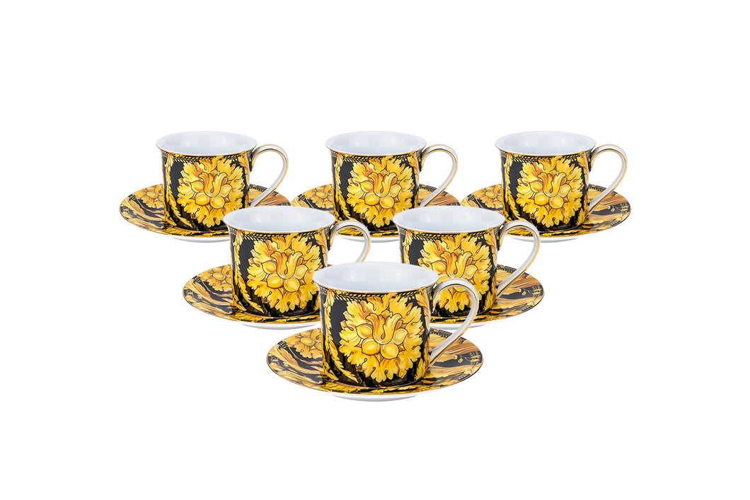 Royalty Porcelain Luxury Tea or Coffee Cup Set, 24K Gold (12 PC, Floral Black)