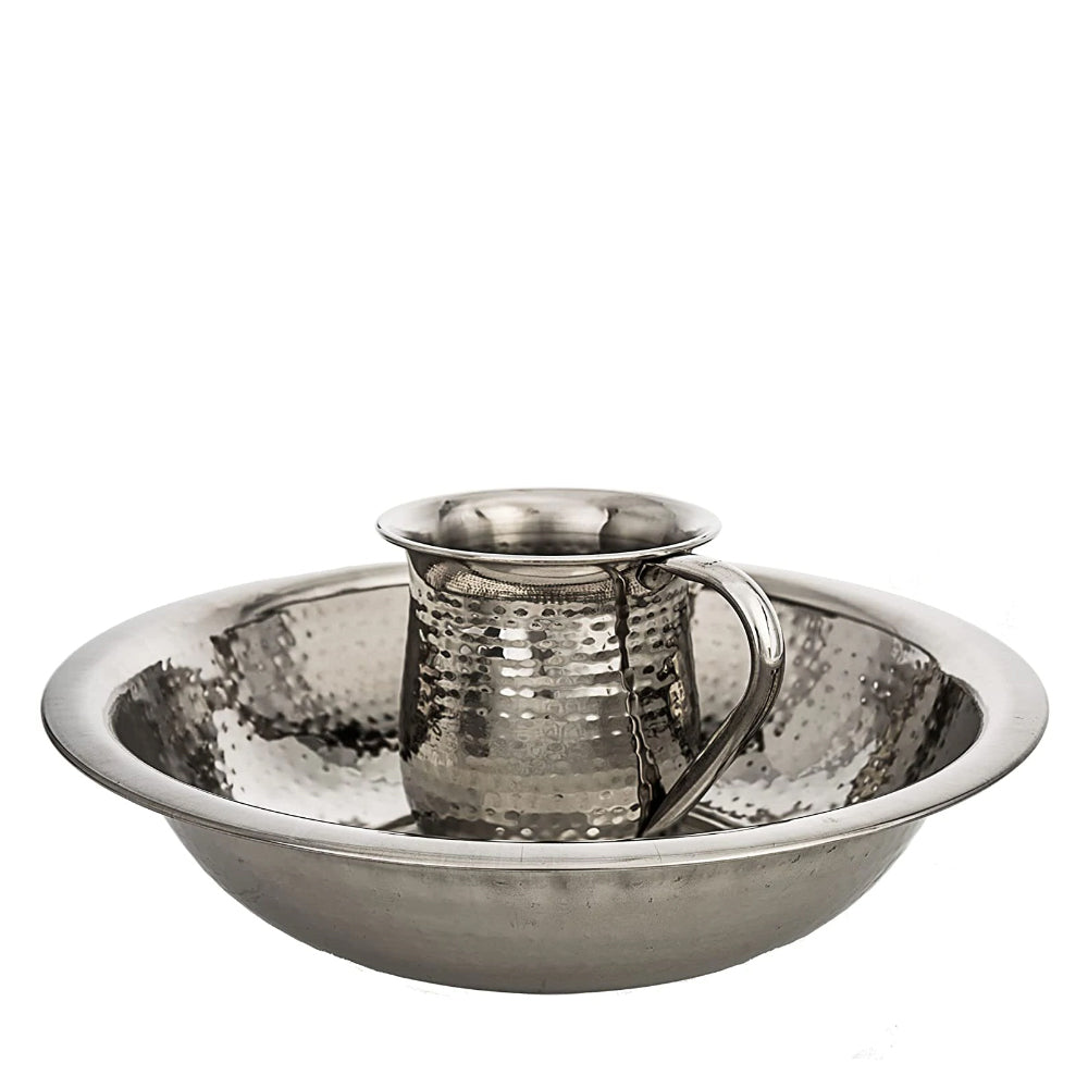 (D) Judaica Stainless Steel Hammered Wash Cup And Bowl Negel Vasser Cup