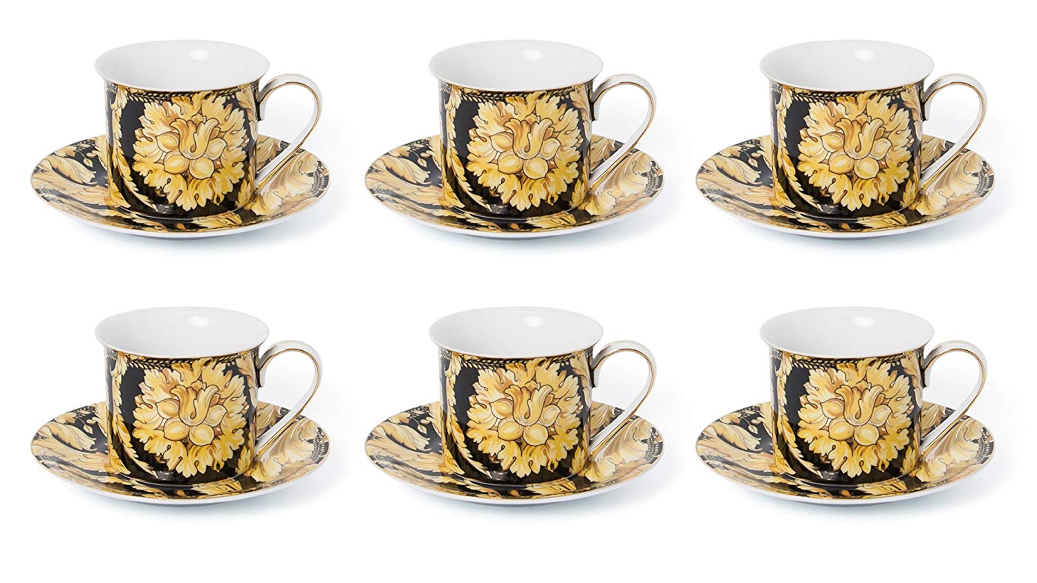 Royalty Porcelain Luxury Tea or Coffee Cup Set, 24K Gold (12 PC, Floral Black)
