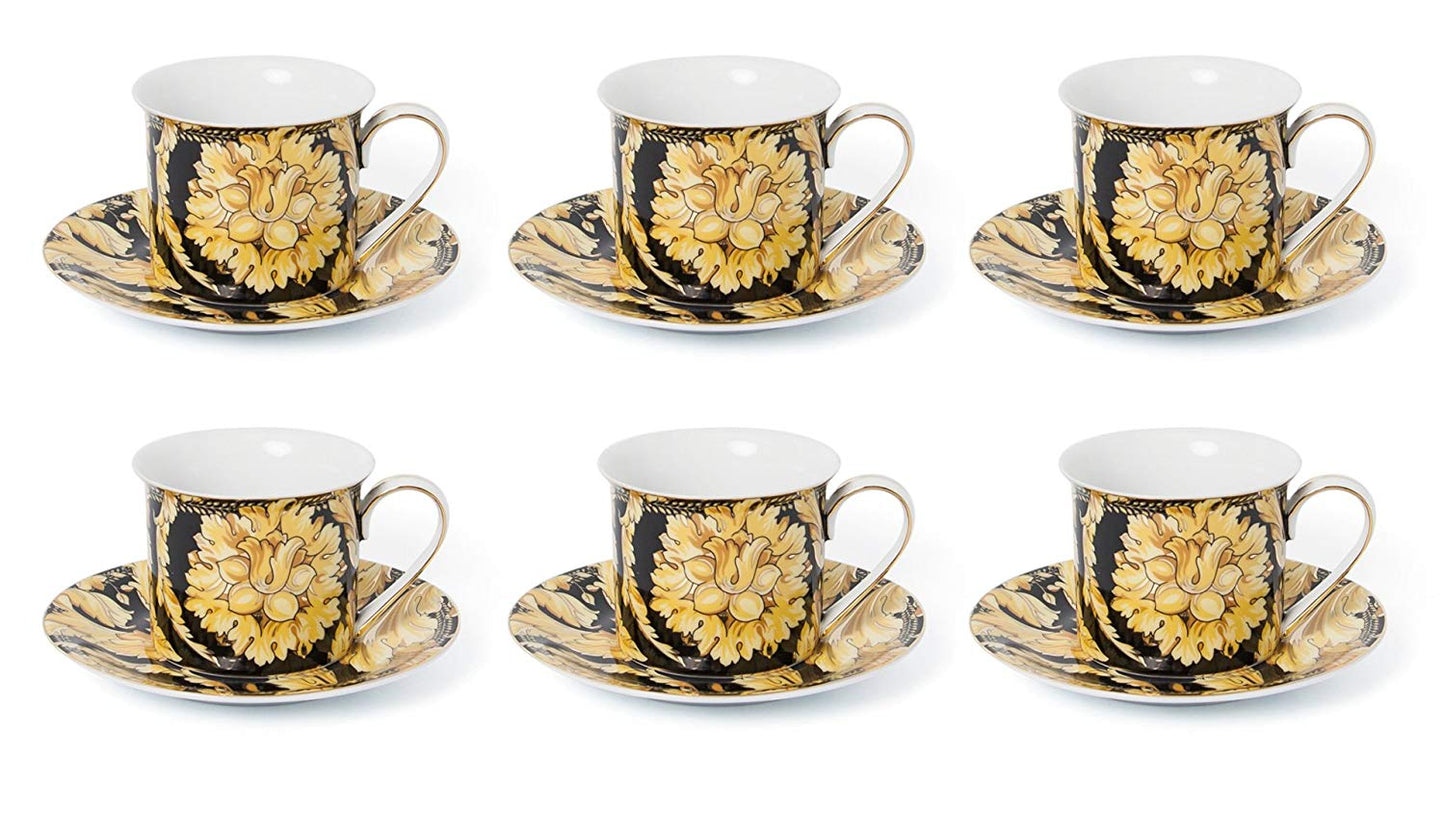Royalty Porcelain Luxury Tea or Coffee Cup Set, 24K Gold (12 PC, Floral Black)