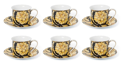Royalty Porcelain Luxury Tea or Coffee Cup Set, 24K Gold (12 PC, Floral Black)