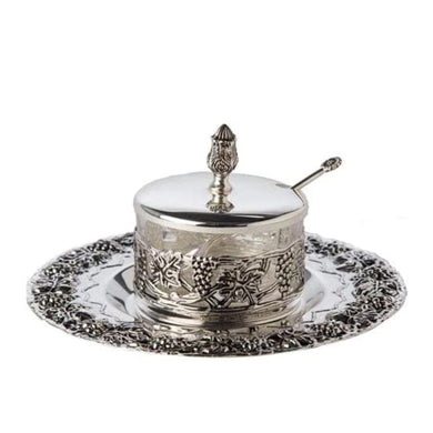 (D) Judaica Honey Dish Silver Plated with Tray and Spoon 4.5 H