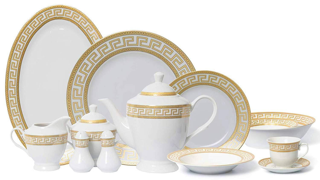 57 Piece Dinner Set for 8, Greek Key Pattern, Fine Porcelain Gold Decoration on White